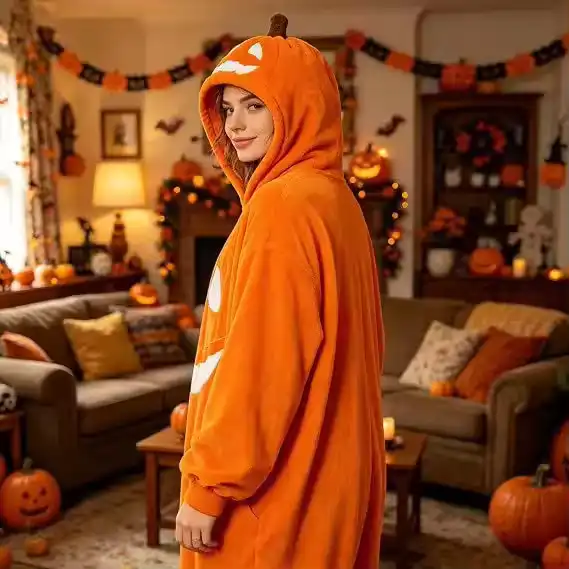 Adult velvet pumpkin jumpsuit - Christmas pajamas, breathable fleece material, keeps you warm in winter.