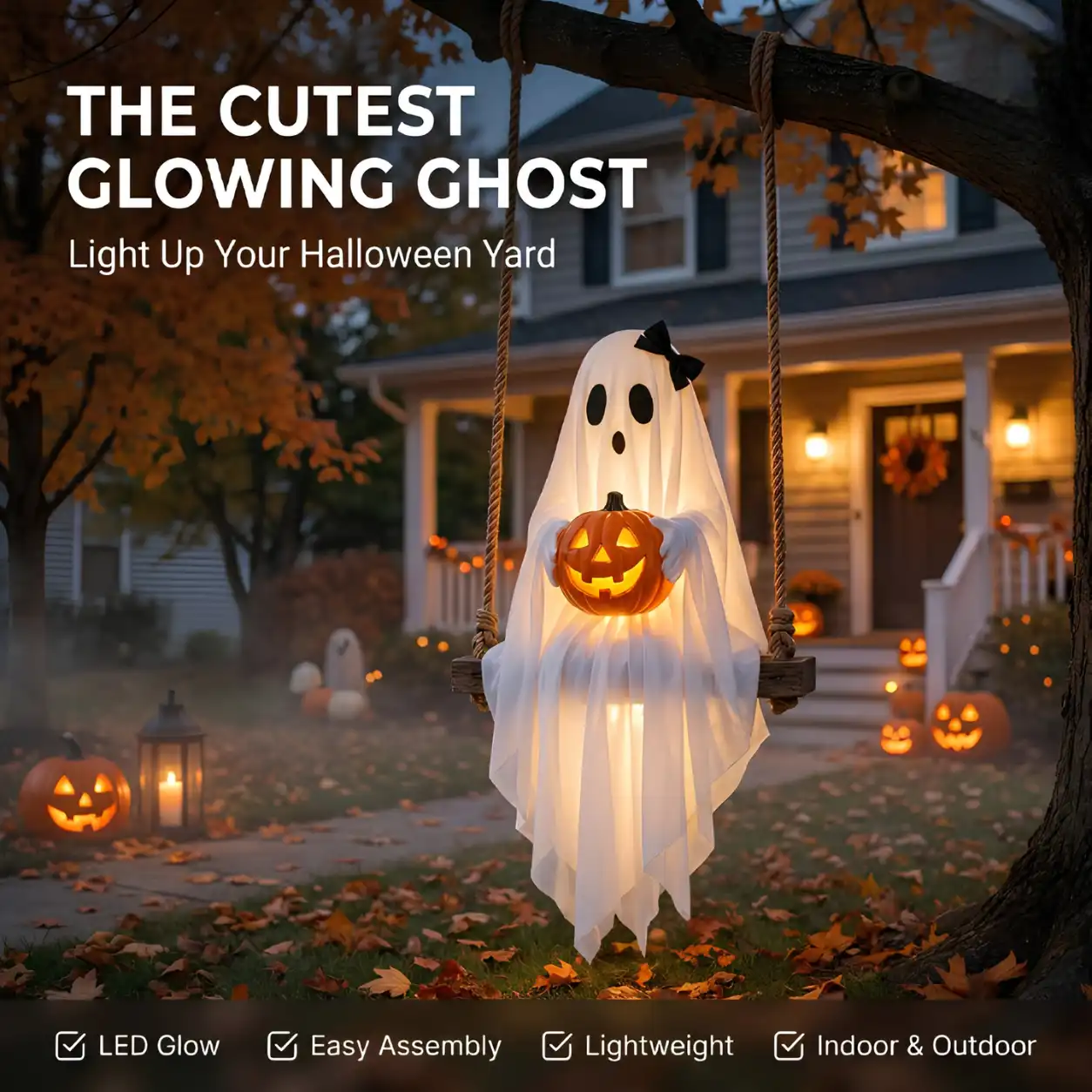 Lighted Halloween Ghost Swing Decoration with Glowing Pumpkin